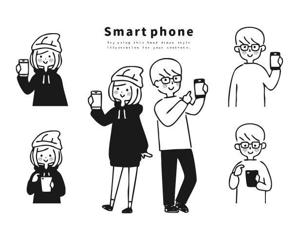 年轻人使用智能手机的插图。图片下载