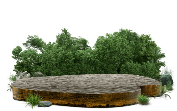 河流池与景观隔离的三维插图。孤立的瀑布创意设计。河流的等距视图。白色背景下的树。图片下载