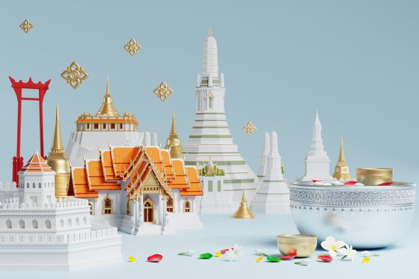 3d泰国泼水节背景3d与蓝色的水飞溅，泰国建筑。(泰语翻译:泰国泼水节)图片下载