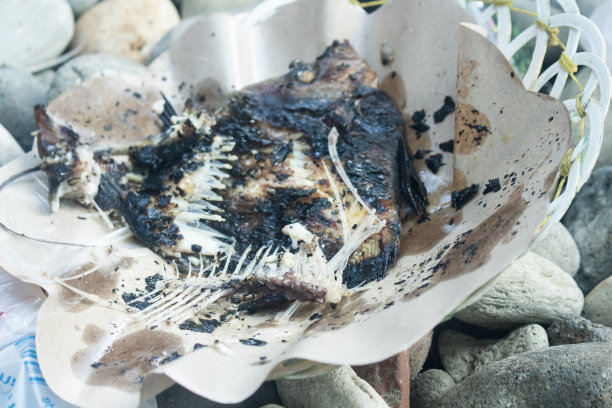 盘子里有一条烤鱼和一些鱼刺图片下载