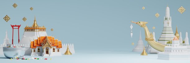 3d泰国泼水节背景3d与蓝色的水飞溅，泰国建筑。(泰语翻译:泰国泼水节)图片下载