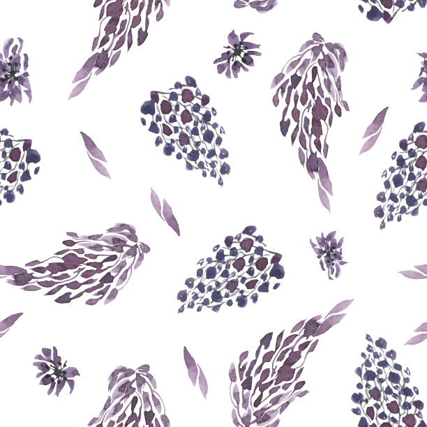 水彩图案与紫色的花，花序，叶子。用于包装纸、纺织品、壁纸、明信片、贺卡、婚礼请柬、浪漫活动图片下载