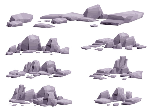 卡通石收藏孤立于白色。山脉岩石和沙漠石头碎片矢量插图图片下载