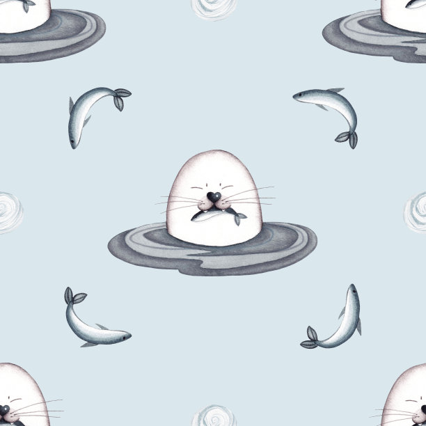 水彩无缝模式与一个小海豹与鱼在它的牙齿图片下载