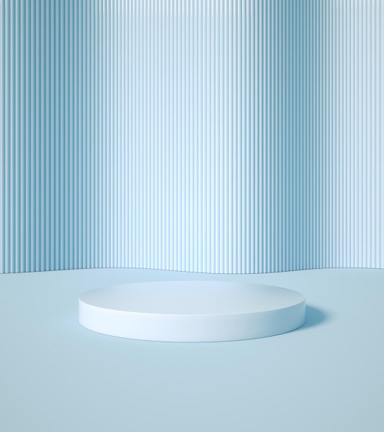 粉彩蓝色，现代显示器的产品推广与波浪内衬墙- 3D插图图片下载