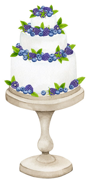 用浆果装饰的婚礼蛋糕。水彩节日剪纸设计的明信片，贺卡，邀请，菜单，标志，织物印花。婚礼、生日、周年纪念设计。图片下载