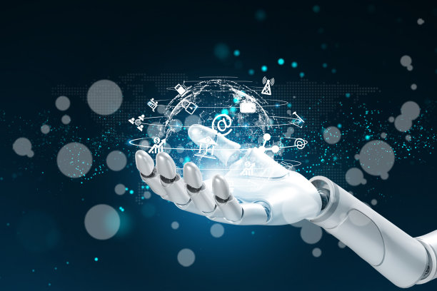 AI，机器学习，机器人和人手大数据网络连接背景，人工智能，机器学习，互联网业务，技术概念。图片下载