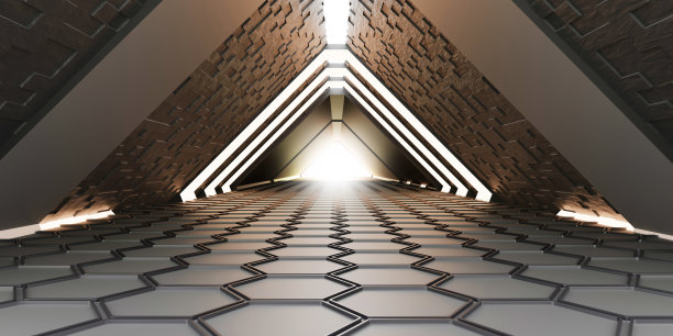 未来空间和科幻走廊房间展示照明光束隧道现代未来展厅地板和墙壁技术背景3d插图图片下载