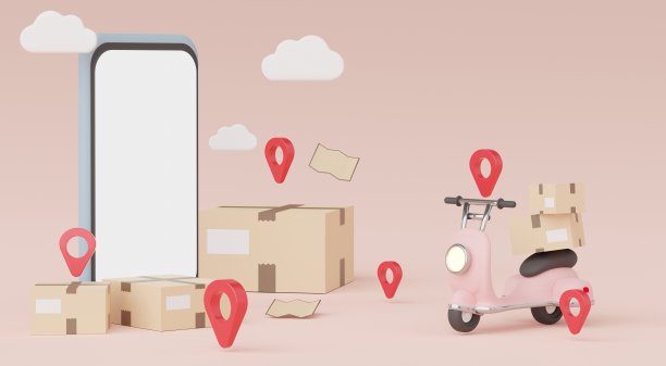 最小的迷你手机或智能手机的工作与白色复制空间模拟和创意设计。在线迷你滑板车包裹递送粉彩背景。图片下载