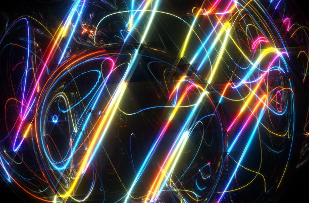三维渲染的抽象艺术3d背景与部分超现实球体玻璃物体的反射和镜子效果与螺旋波圆形霓虹灯发光激光线彩虹光的颜色在黑色图片下载