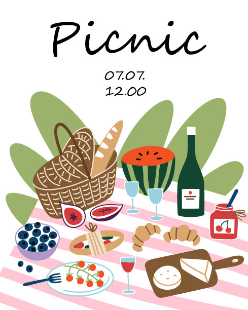 野餐邀请卡，手绘构图与柳条篮，食品和饮料，暑假海报，模板与复制空间图片下载
