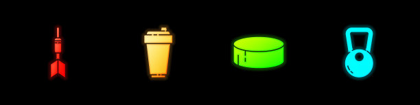 设置飞镖箭头，健身震动器，冰球和壶铃图标。向量图片下载