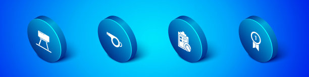 设置等距鞍马，检查表剪贴板和网球，奖牌和哨子图标。向量图片下载