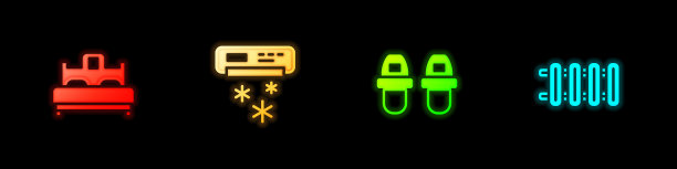 设置卧室，空调，酒店拖鞋和暖气散热器图标。向量图片下载