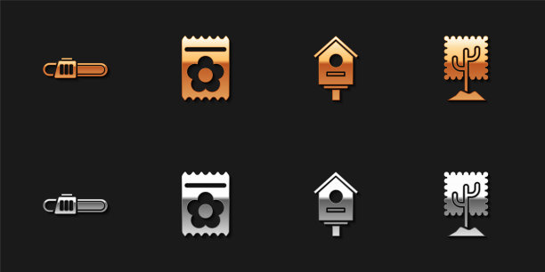 设置链锯，包装植物，鸟房子和树图标的种子。向量图片下载