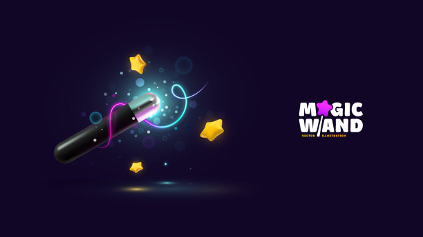 魔术棒的三维矢量插图与神奇的闪电，火花和星星漂浮在黑暗的背景。向导工具，魔法棒与法术。图片下载