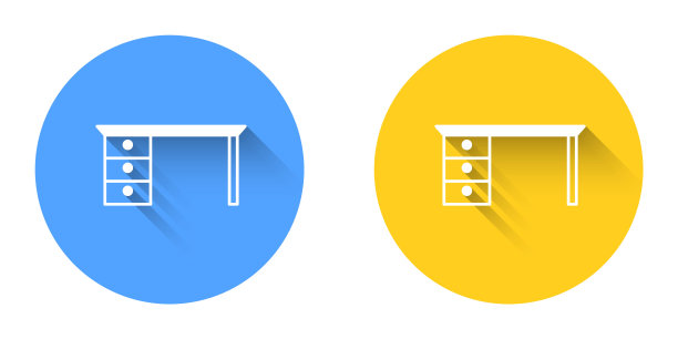 白色办公桌图标与长阴影背景隔离。圆按钮。向量图片下载
