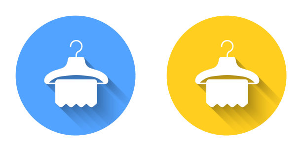 白色衣架衣柜图标与长阴影背景隔离。衣帽间图标。服装服务标志。洗衣架标志。圆按钮。向量图片下载