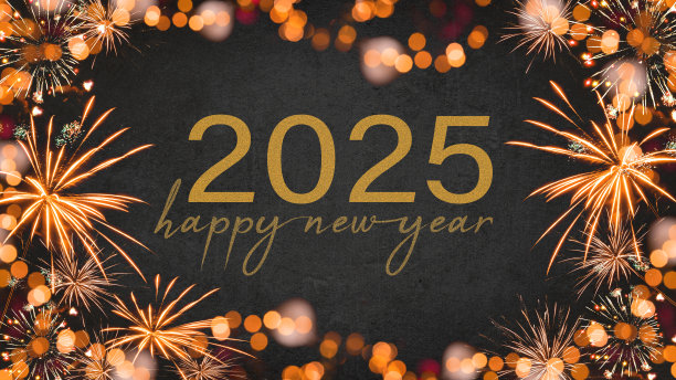 新年快乐2025 -节日silvester新年前夜派对背景贺卡-框架制成的橙色烟花在漆黑的夜晚。图片下载