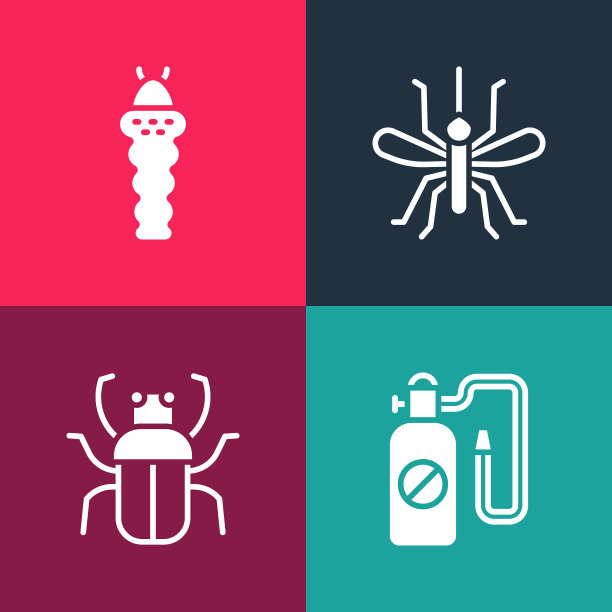 设置流行艺术压力喷雾器，臭虫，蚊子和幼虫昆虫图标。向量图片下载