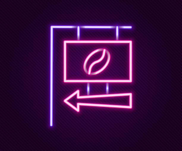 发光的霓虹灯线街道招牌咖啡图标孤立在黑色背景。彩色轮廓概念。向量图片下载