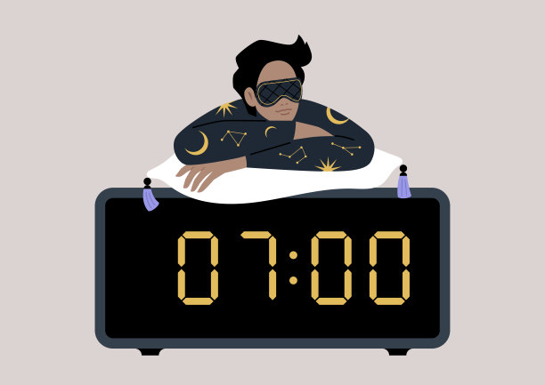 一个年轻的白人男性角色，穿着睡衣，戴着面具，斜靠在一个巨大的数字闹钟上图片下载