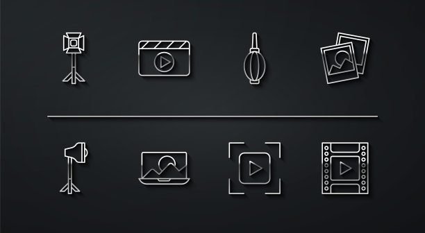 设置线工作室灯泡软盒，相框，相机对焦线，修图，电影拍板，胶片卷墨盒和鼓风机图标。向量图片下载