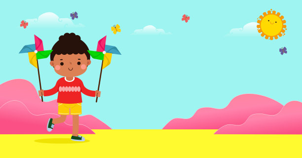 可爱的小孩玩一个彩色的风车玩具平面风格的孩子玩，模板为广告卡通人物设计孤立的背景矢量插图图片下载