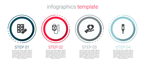 药丸装在水疱袋，静脉输液袋，心脏带十字和医用数字体温计。业务信息图模板。向量图片下载