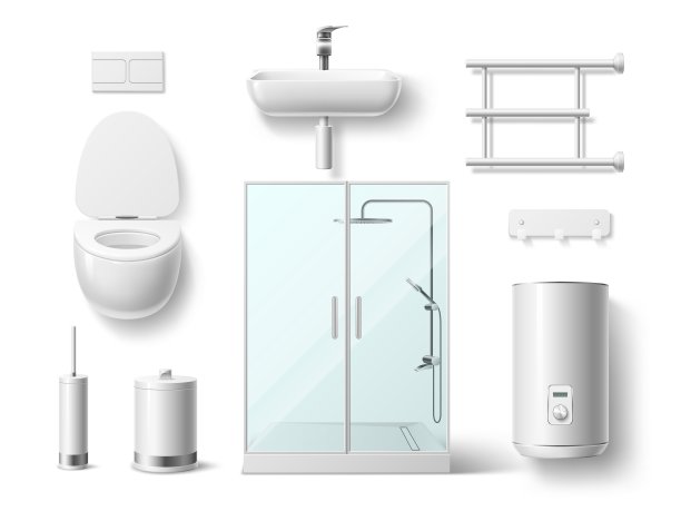 现实的浴室元素。三维管道对象，白瓷水槽和马桶，淋浴房，锅炉，加热毛巾架，wc内部隔离厕所卫生陶瓷完全矢量集图片下载