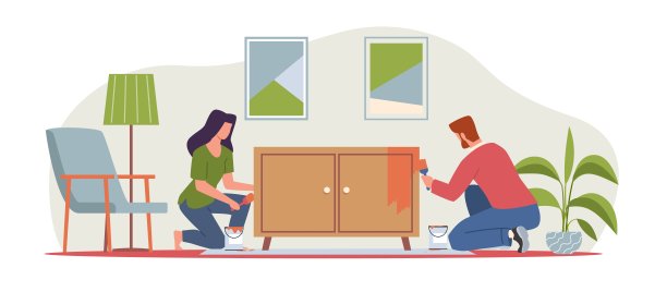 已婚夫妇粉刷衣柜，男人和女人正在翻新和修理家具。搬到新公寓。幸福的家庭家庭温馨的场景。卡通平面插图。向量的概念图片下载