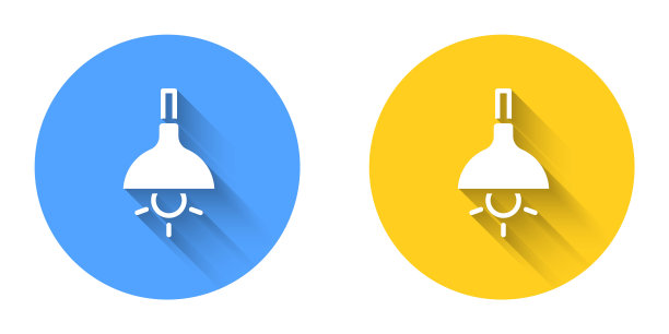 白色的灯悬挂图标孤立与长阴影背景。吸顶灯灯泡。圆按钮。向量图片下载