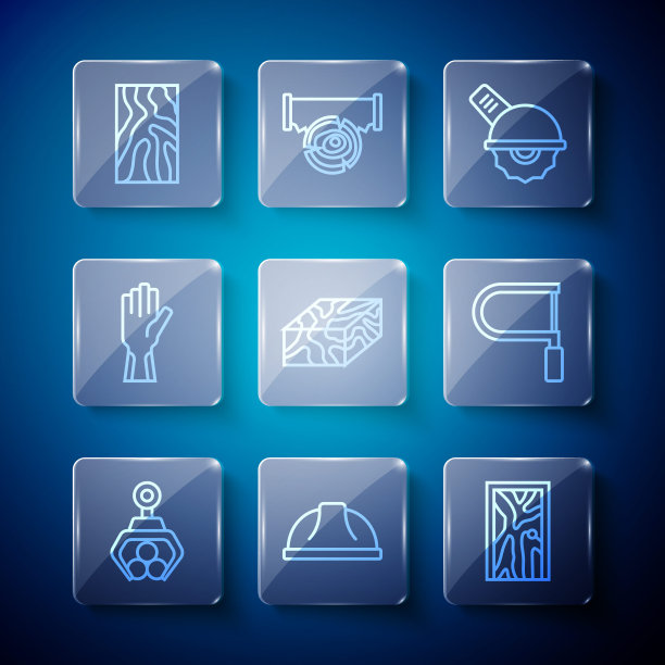 设置线抓斗起重机抓取原木，工人安全帽，封闭的门，电动圆锯，木梁，防护手套，钢锯图标。向量图片下载