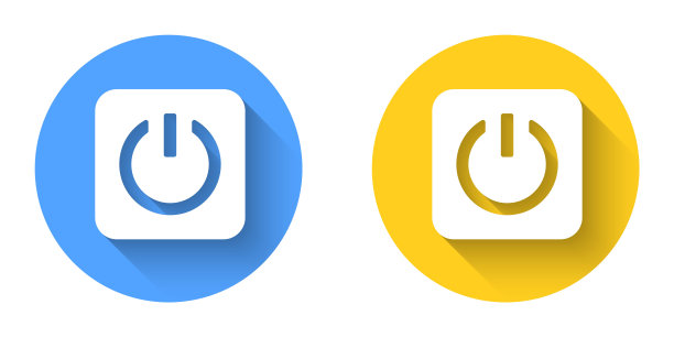 白色电源按钮图标与长阴影背景隔离。开始的信号。圆按钮。向量图片下载