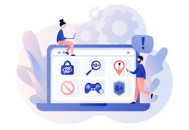 家长控制软件。为儿童屏蔽、禁止或不适当的内容。安全的网络。年龄限制，游戏时间限制，地理位置追踪。现代平面卡通风格矢量插图图片下载