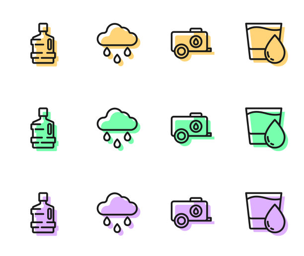 设置线移动水箱，大瓶清洁，云雨和玻璃图标。向量图片下载