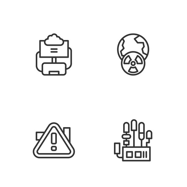 设置直线机械机械手，三角形感叹号，云数据库和行星地球辐射图标。向量图片下载