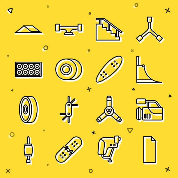 设置线握带滑板，影院摄像机，滑板公园，滑板楼梯与轨道，车轮，长板或图标。向量图片下载