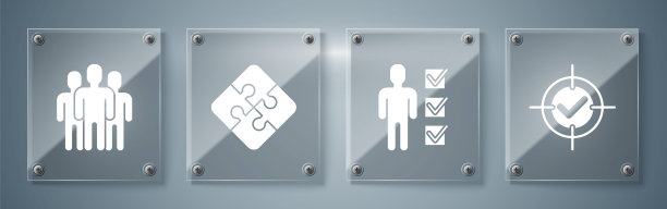 设定目标和对号，用户的西装男子，拼图和用户组。方形玻璃面板。向量图片下载