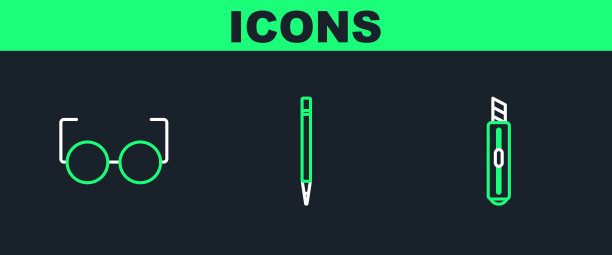 设置线文具刀，眼镜和铅笔与橡皮图标。向量图片下载