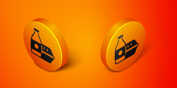 等距在线订购和快餐外卖图标隔离在橙色背景上。橙色圆圈按钮。向量图片下载