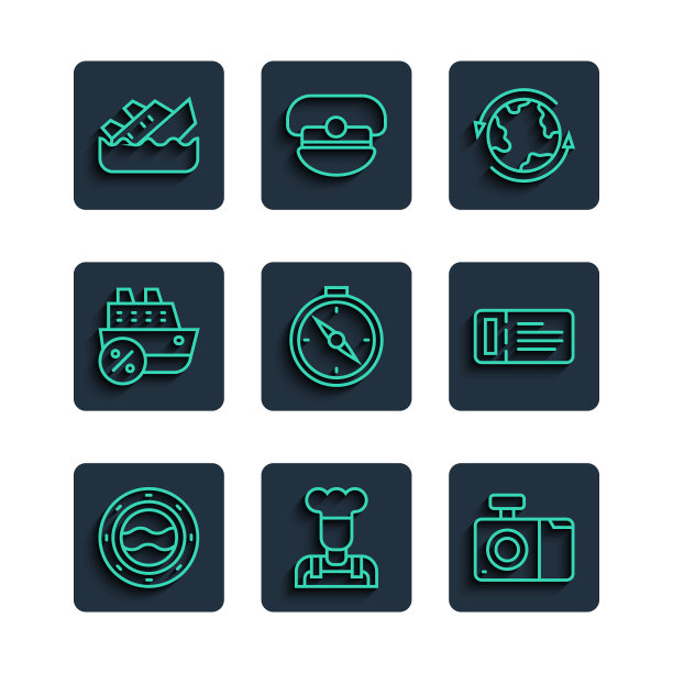 设置线船舶舷窗海景，库克，照片相机，世界范围内，指南针，游轮，沉没巡航和门票图标。向量图片下载