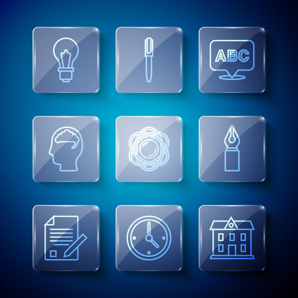 设置线考试表和铅笔，时钟，学校建筑，字母，原子，人脑，灯泡的想法和喷泉笔尖图标。向量图片下载
