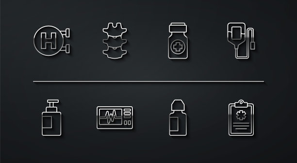 设置行医院招牌，洗手液瓶，静脉输液袋，滴眼液，心电图监护仪，人体脊柱，临床记录和药品图标。向量图片下载