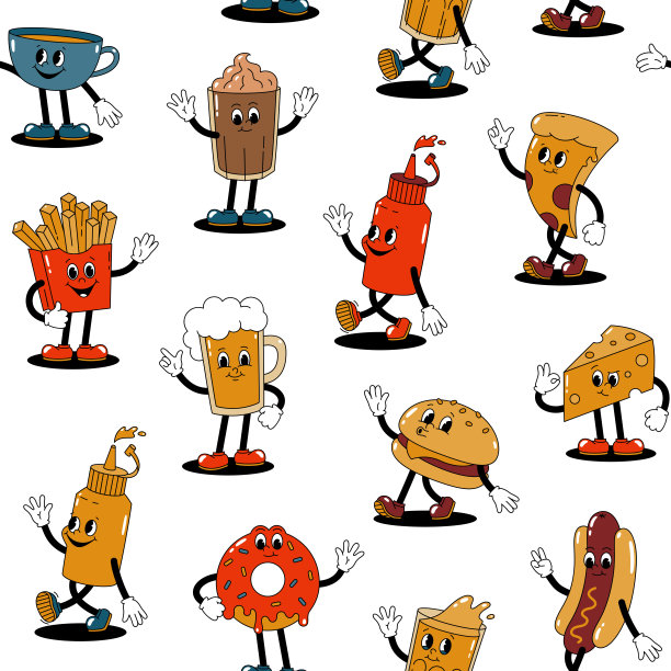 矢量无缝模式与卡通复古吉祥物彩色插图步行街食品在白色背景。复古风格的30年代，40年代，50年代的老动画。图片下载