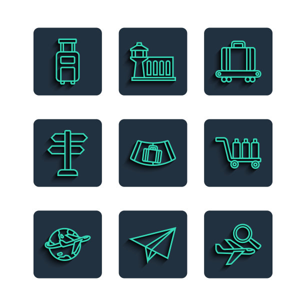 设置线地球仪与飞行飞机，纸飞机，飞机搜索，传送带行李箱，道路交通标志，行李箱和手推车行李图标。向量图片下载