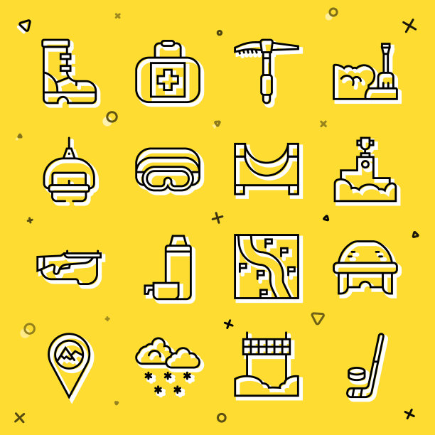 设置线冰球棒和冰球，冰球头盔，获奖领奖台，斧头，滑雪镜，升降机，防水橡胶靴和滑板公园图标。向量图片下载