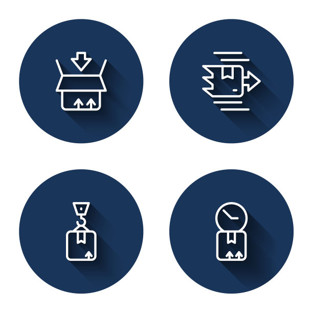 设置线纸箱纸箱，吊车与纸板钟长影。蓝色圆圈按钮。向量图片下载