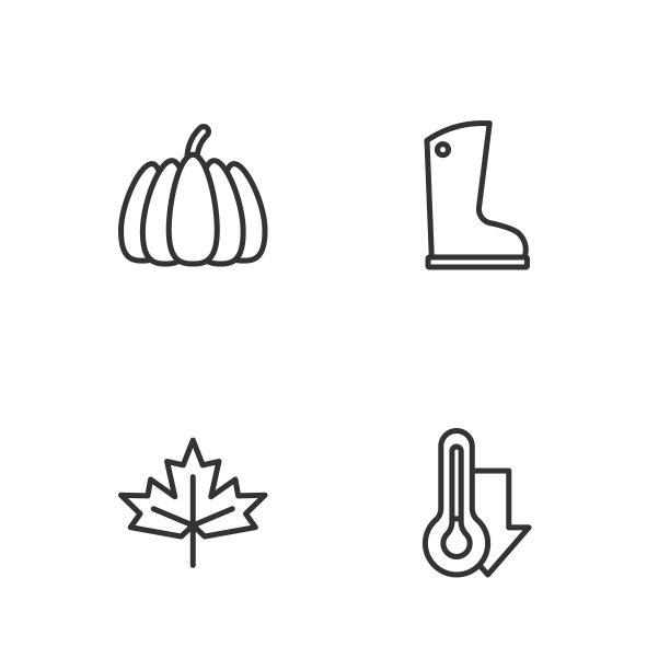设置线温度计，加拿大枫叶，南瓜和防水橡胶靴图标。向量图片下载