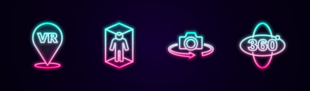 集线虚拟现实，三维建模，360度视图和。发光的霓虹灯图标。向量图片下载